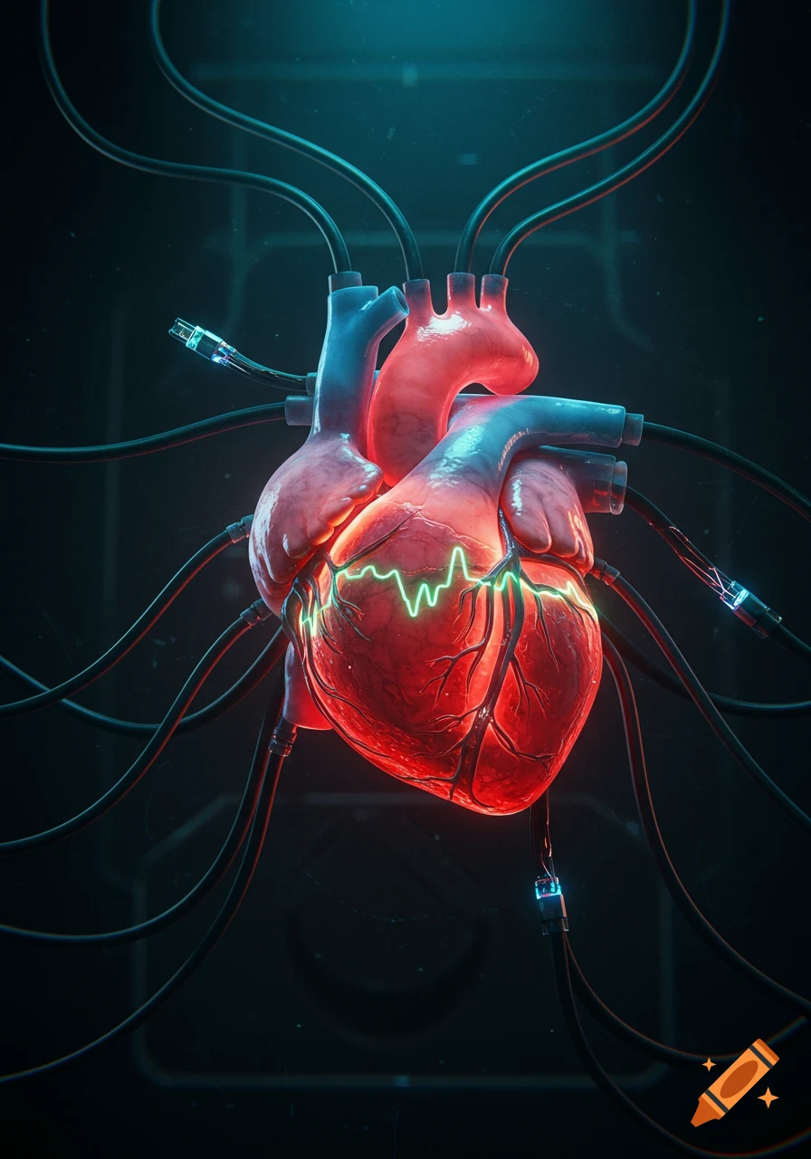 A glowing, stylized human heart connected by multiple black electrical cables, displaying a green pulse wave on its surface against a dark, futuristic background.