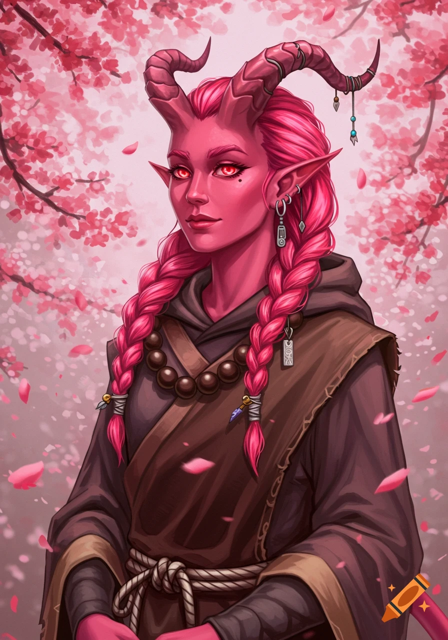 A vibrant digital painting of a pink-skinned Tiefling monk with braided pink hair, horns, and a monk's robe, surrounded by cherry blossoms.
