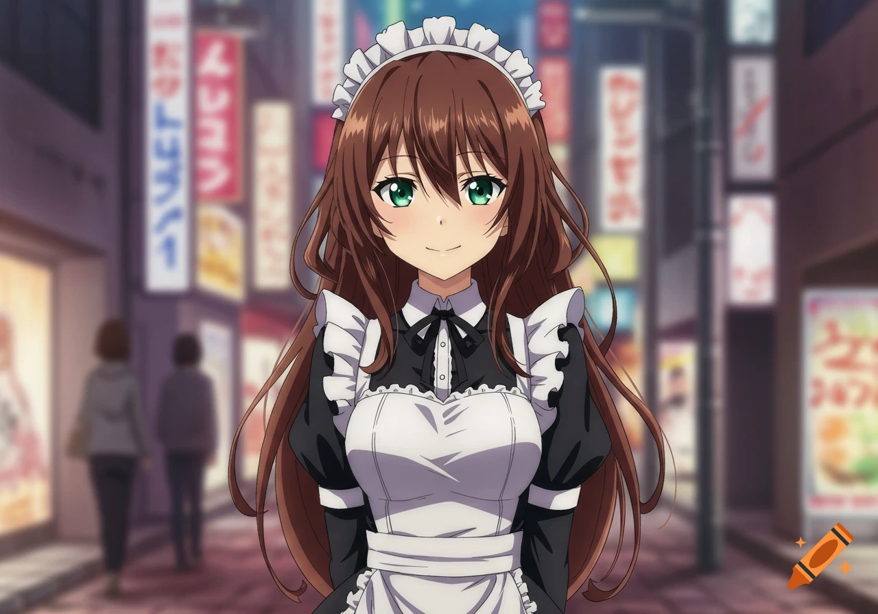 An anime girl with long brown hair and green eyes, wearing a black and white maid outfit, smiles in a blurred city street background.