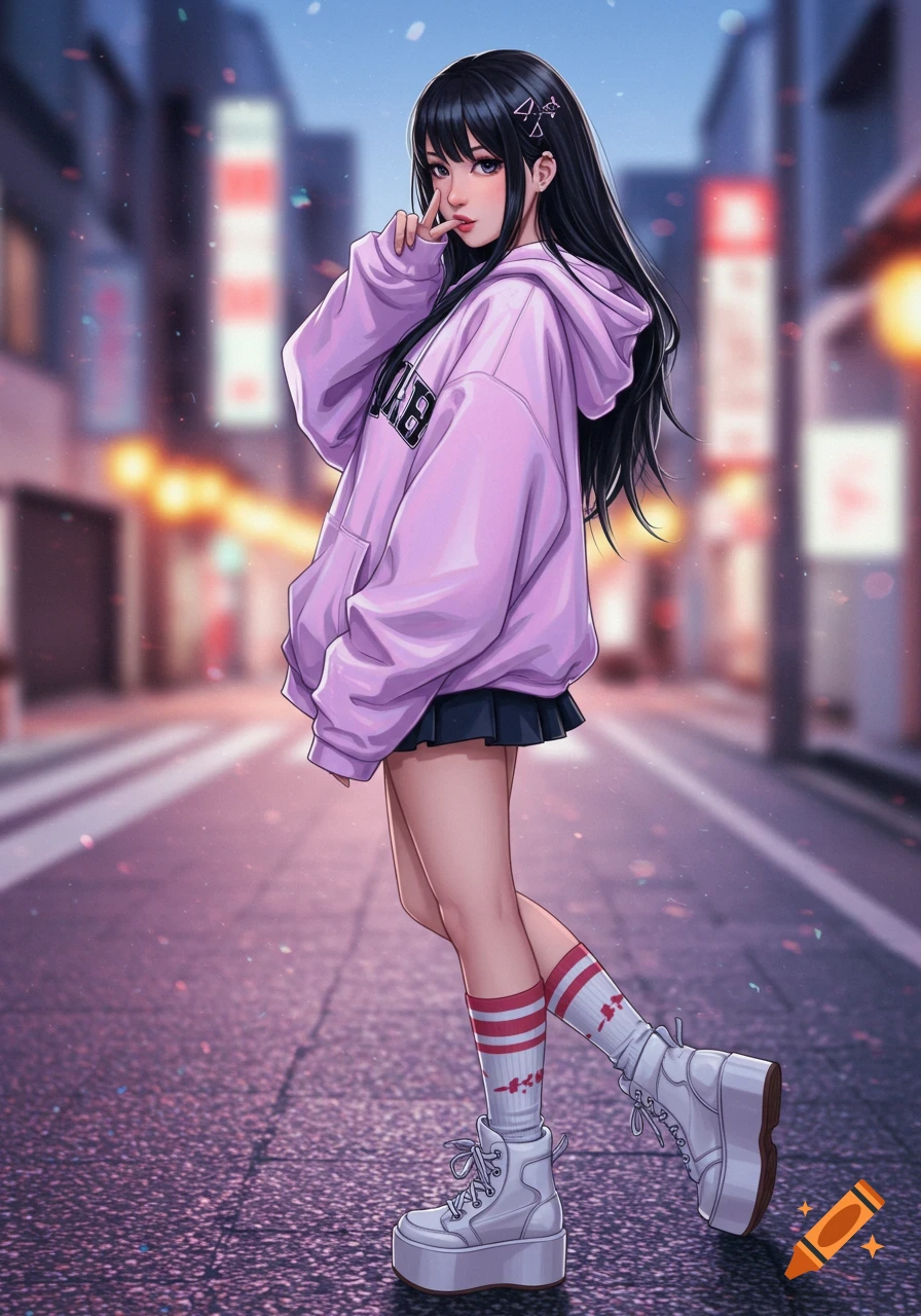 Anime woman with long black hair, purple oversized hoodie, mini skirt, striped socks, and platform sneakers on a city street.
