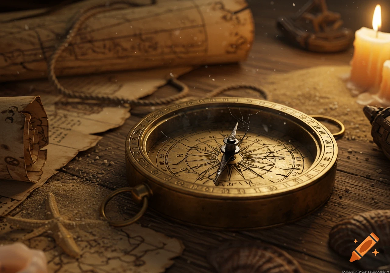 Close-up of a brass antique compass with a cracked face, surrounded by rolled maps, sand, seashells, and lit candles on a wooden table.