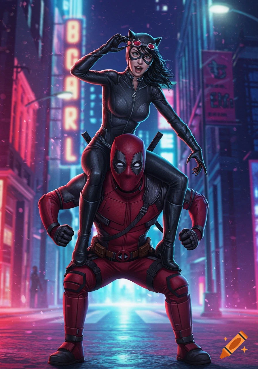 Catwoman in a black suit sits on Deadpool's shoulders in a neon-lit city street, comic book art style.