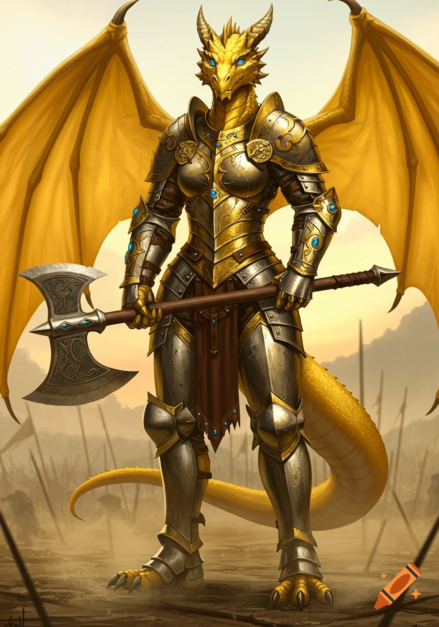 A gold dragonborn warrior in elaborate gold and silver armor with large golden wings and blue eyes, holding a double-bladed axe.