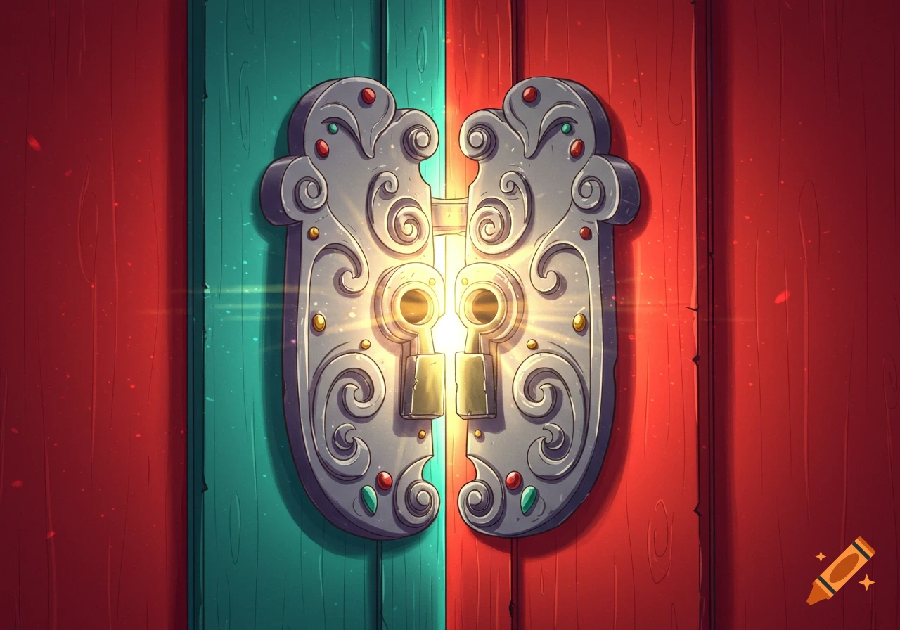 Cartoon illustration of an ornate, glowing silver lock on a vibrant red and teal double door.