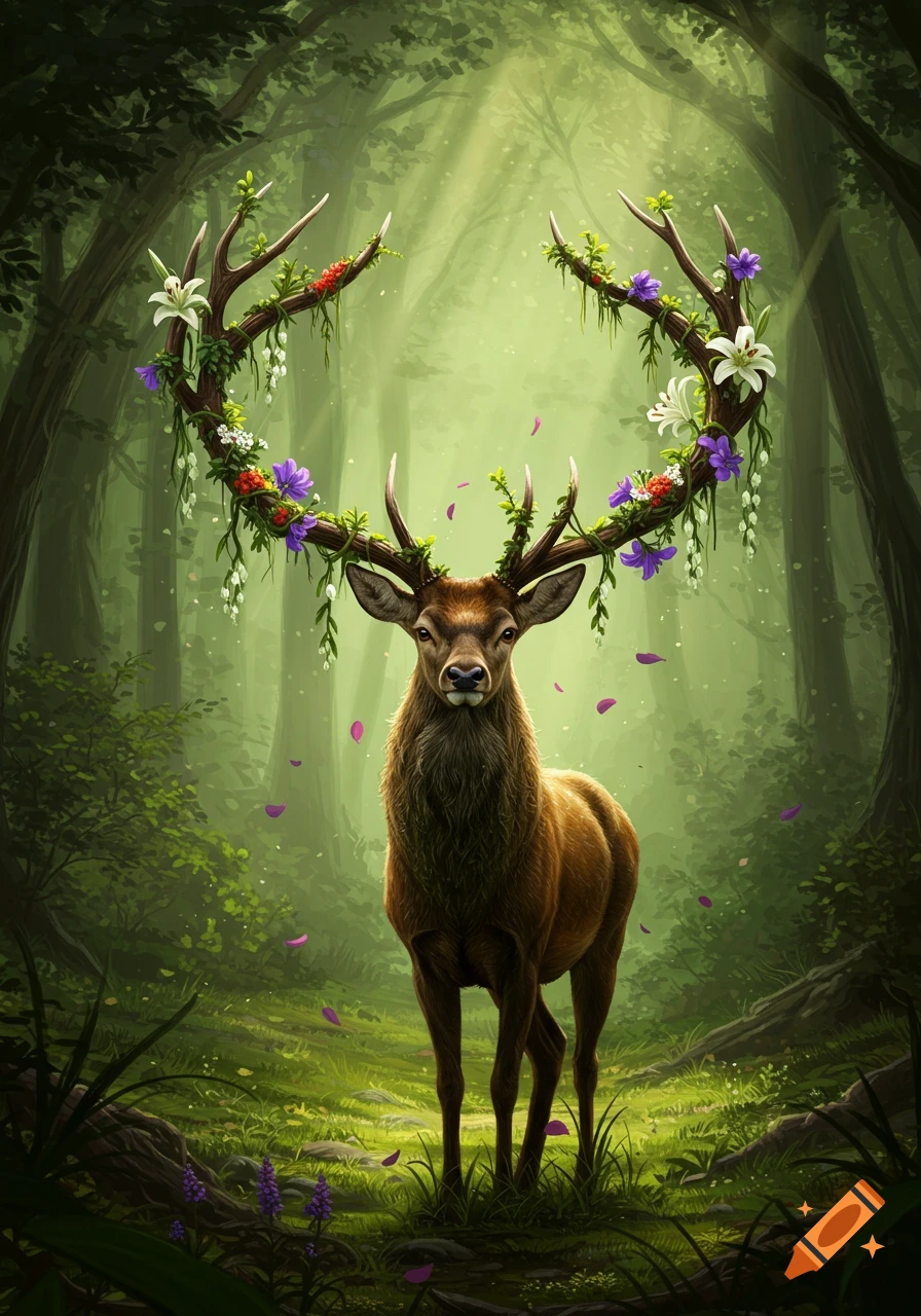 A majestic deer with flower and vine-adorned antlers stands in a vibrant, sun-dappled green forest.