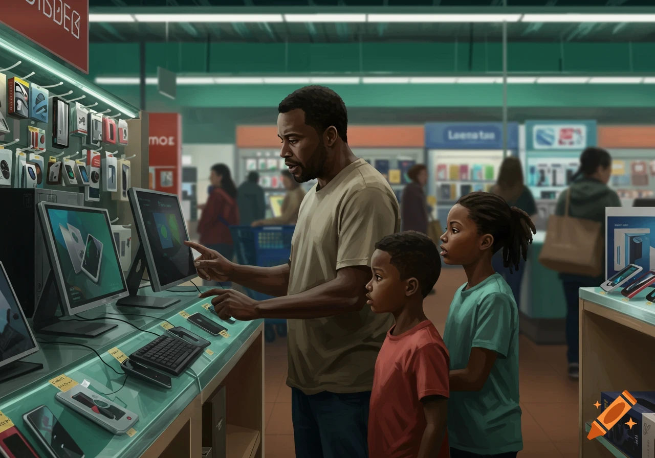 A Black father and his two children, a boy and a girl, look at computers and electronics in a brightly lit store.
