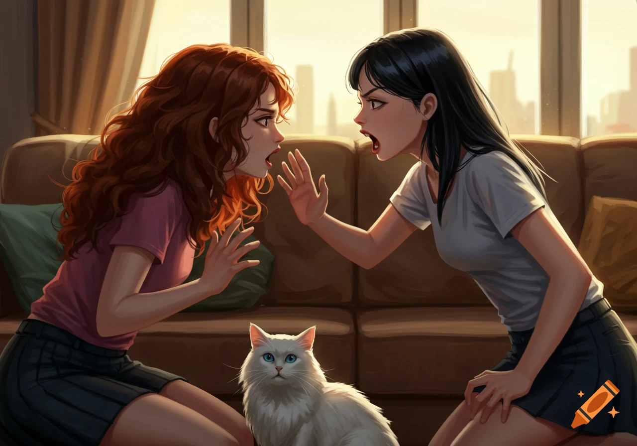Two animated women, one with red curly hair and one with black hair, yell at each other as a white cat sits between them.