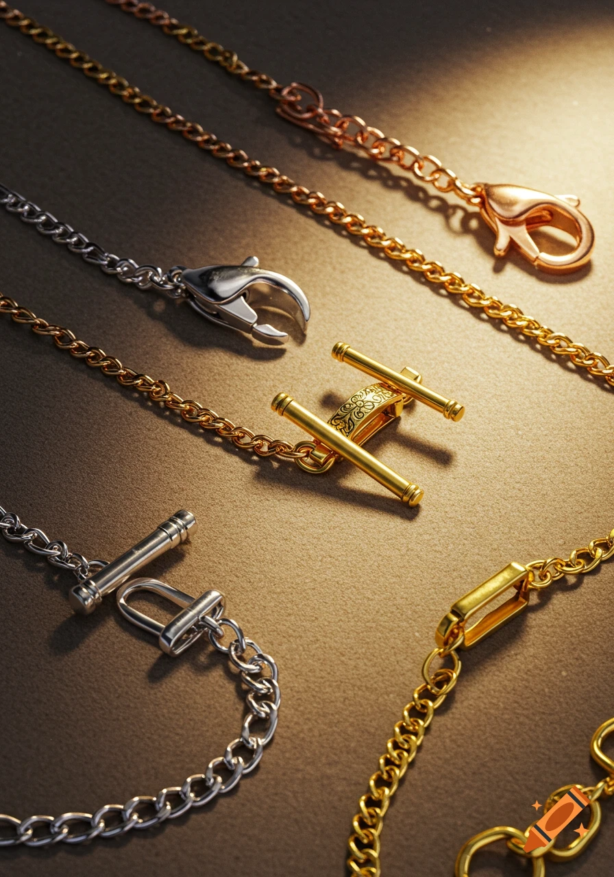 Close-up of assorted gold, silver, and rose gold jewelry chains with different clasps, illuminated by a warm light.