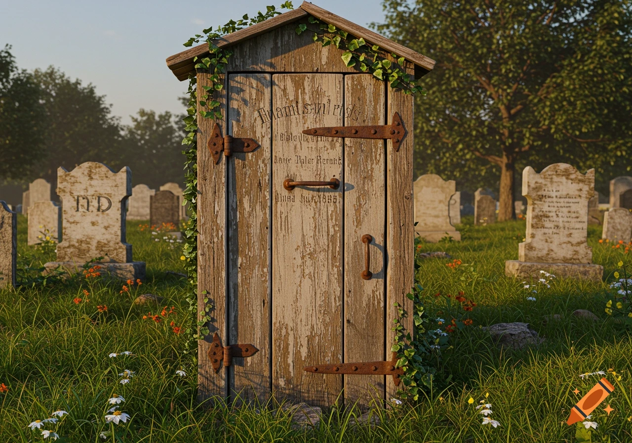 A weathered wooden outhouse door with ivy acts as a tombstone in a grassy cemetery, surrounded by other old grave markers.