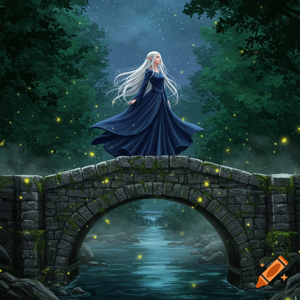 Elegant white-haired elf in a flowing blue dress stands on a mossy stone bridge over a river in a mystical, firefly-lit forest at night.