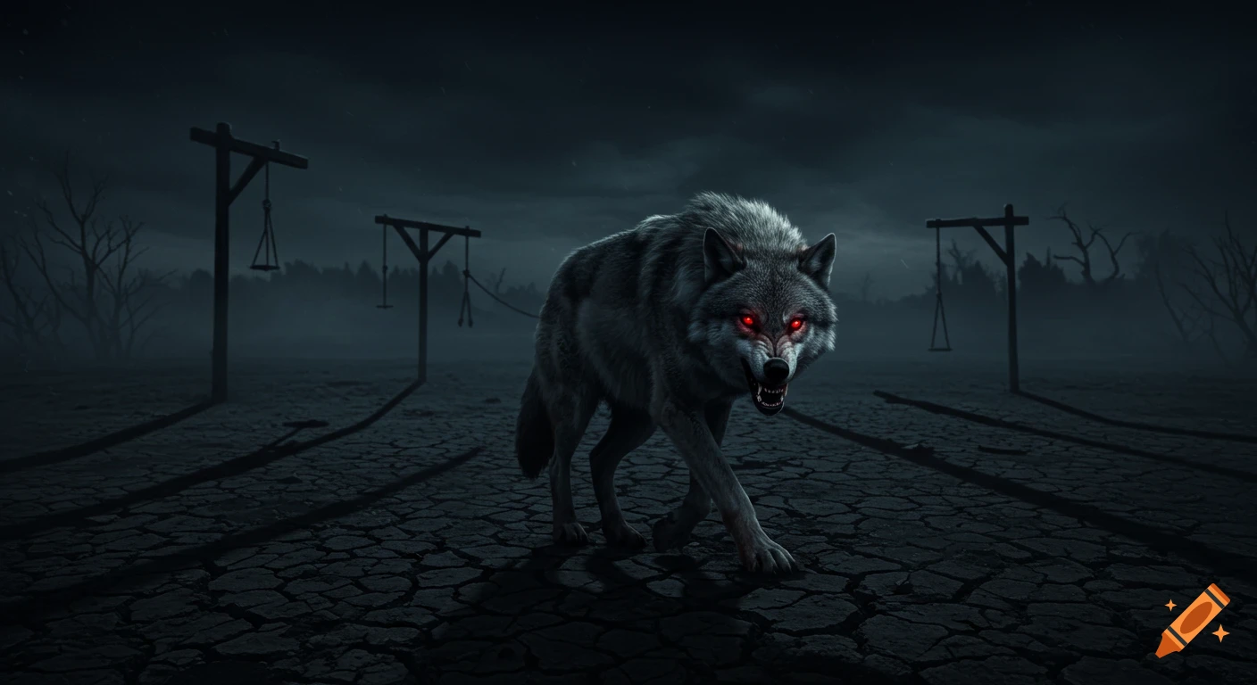A photorealistic dark fantasy image of a menacing gray wolf with glowing red eyes on cracked earth, gallows in the mist.