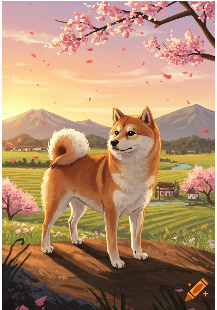 Illustrated Shiba Inu standing on a hill in a Japanese landscape with cherry blossoms, mountains, and a river at sunset.
