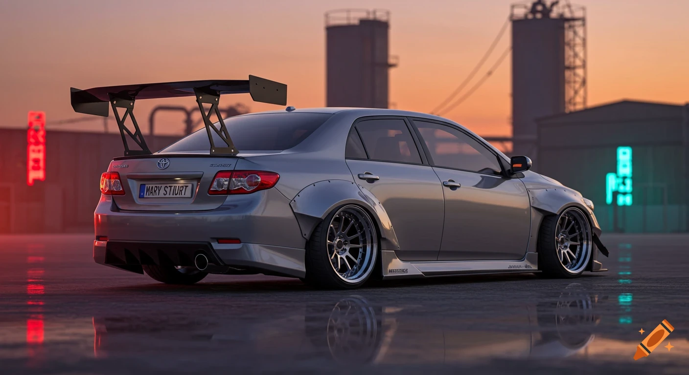 A silver, wide-body Toyota Corolla with a large rear wing parked on a wet surface at sunset, industrial background, photorealistic.