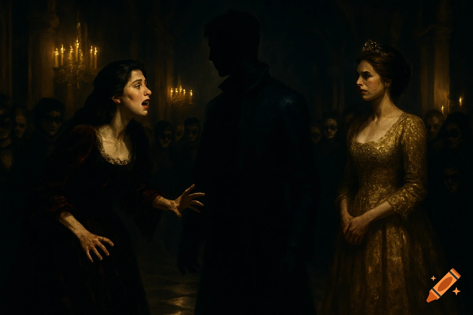A dramatic painting of a woman in a red gown with her mouth open, confronting a shadowy figure, while a woman in a gold dress watches. Mysterious, obscured figures lurk in the dark background, lit by candles.