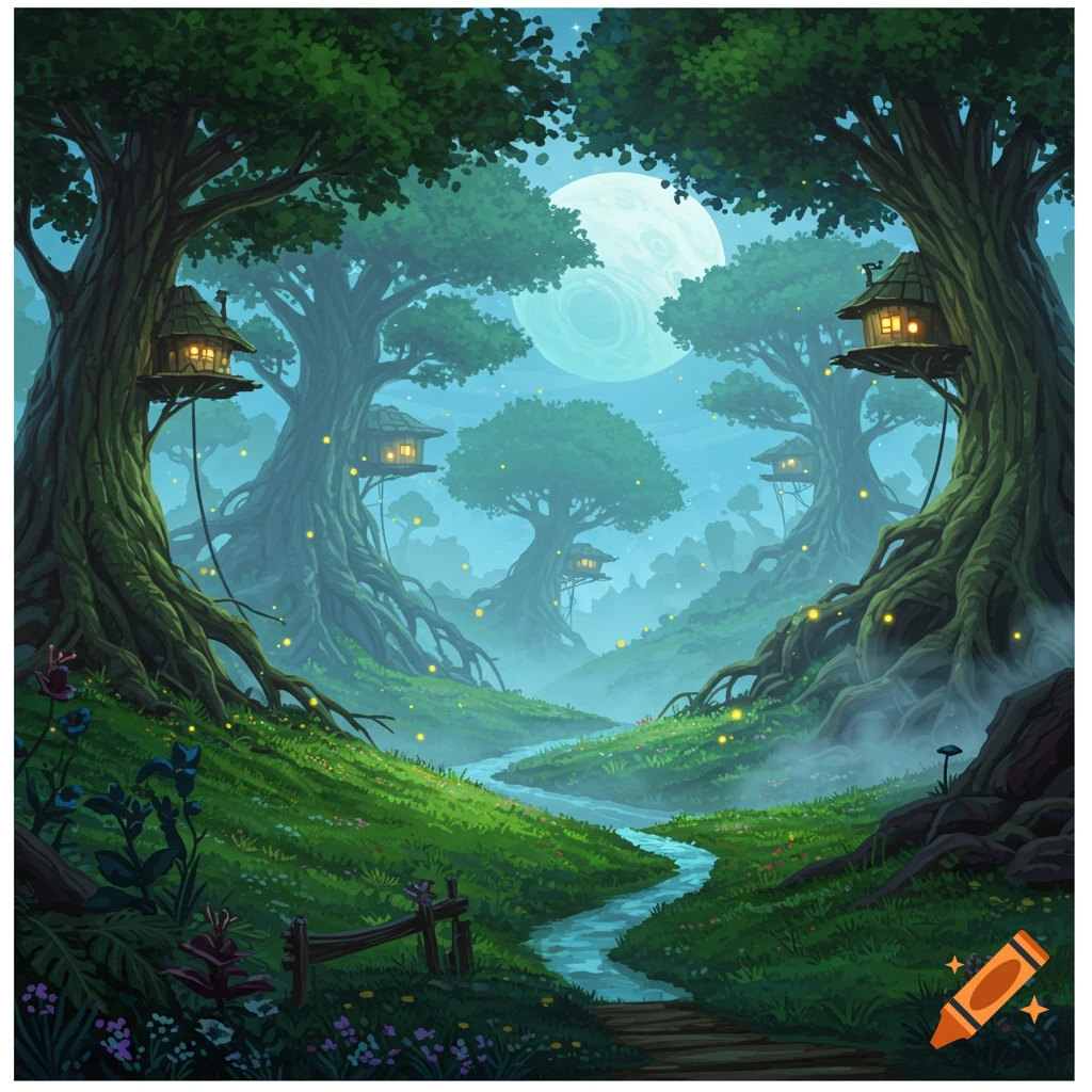 Whimsical fantasy forest at night with glowing treehouses nestled in ancient trees, a winding stream, and a large moon in the sky.