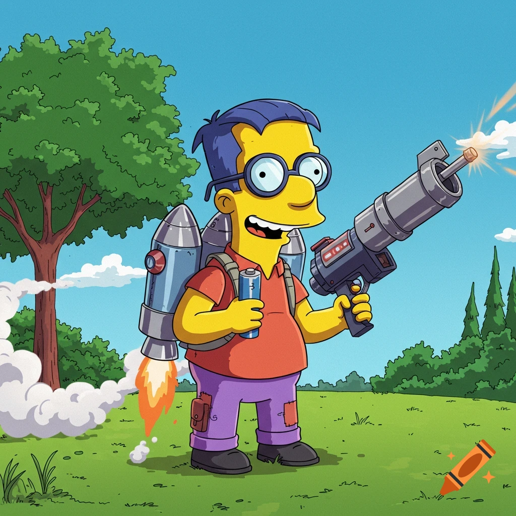 Milhouse Van Houten in a field, wearing a jetpack, holding a blue battery and firing a rocket launcher.