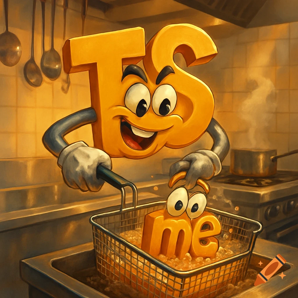 Personified letters 'TS' happily frying 'me' letters in a basket in a commercial kitchen, cartoon style.