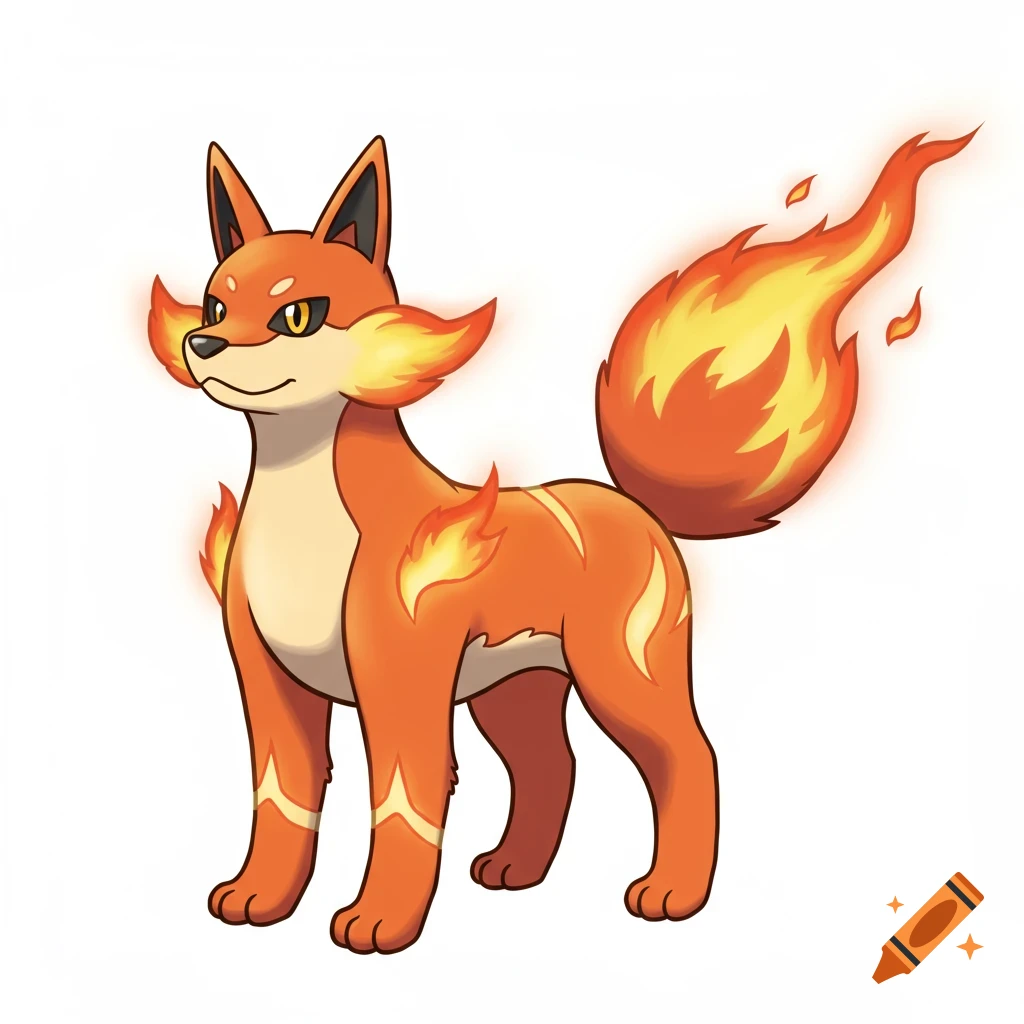 A cartoon-style fire dog with bright orange fur and glowing flame markings stands proudly. It has a long flaming tail and a friendly expression.