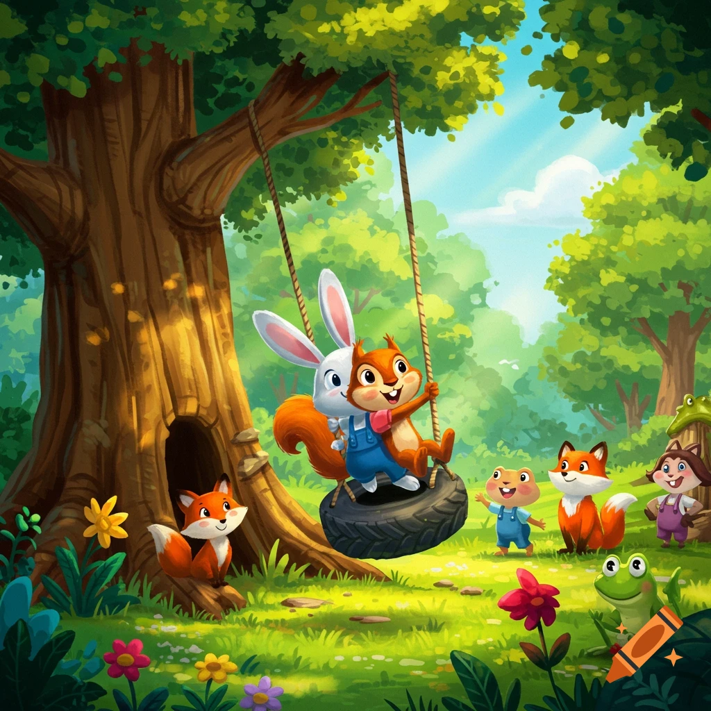 A cheerful cartoon forest scene with animals: a squirrel and rabbit on a tire swing, two foxes, a frog, and a small creature.