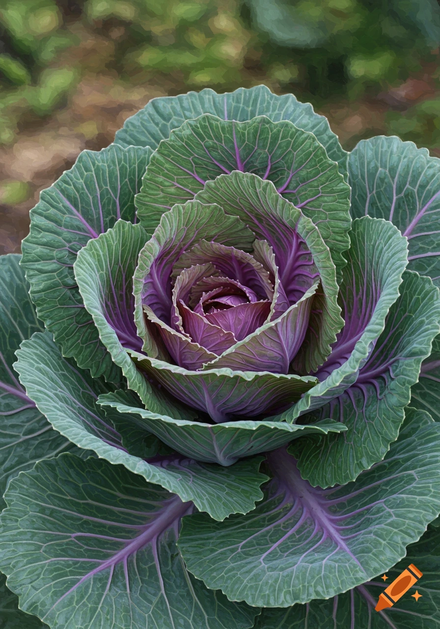 Close-up of a vibrant ornamental cabbage with green and purple leaves, showcasing its intricate, layered form.