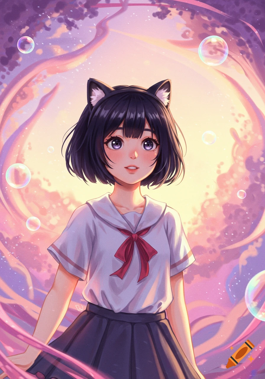 Cute anime girl with short black hair and cat ears, wearing a white sailor uniform, surrounded by bubbles and a pastel pink and purple fantasy background.