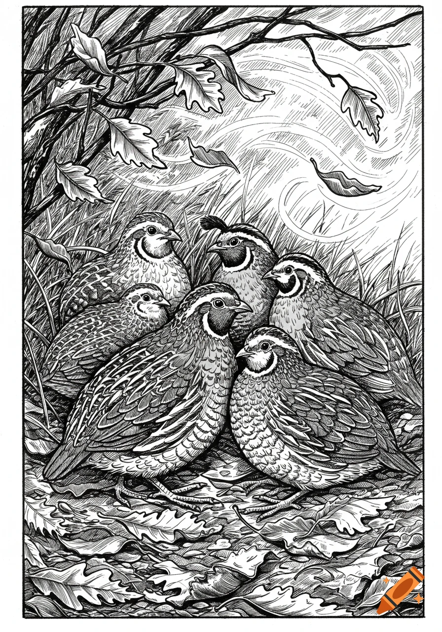 Black and white illustration of a covey of quails nestled among fallen autumn leaves and grass under a tree.