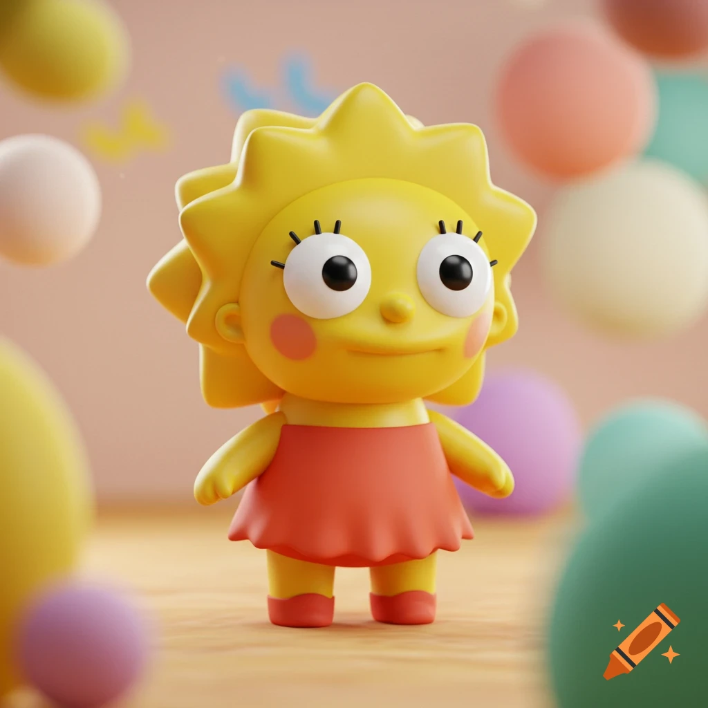 A cute, chubby, yellow toy character with spiky hair, big eyes, and a red dress, in a whimsical 3D render with blurred colorful spheres.