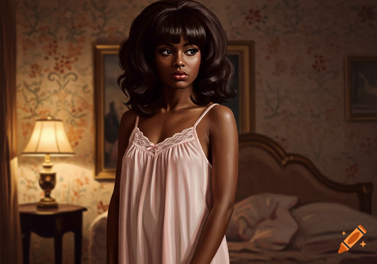 A Black woman with voluminous 1960s-style hair and bangs, wearing a light pink babydoll nightgown, stands in a warmly lit bedroom.