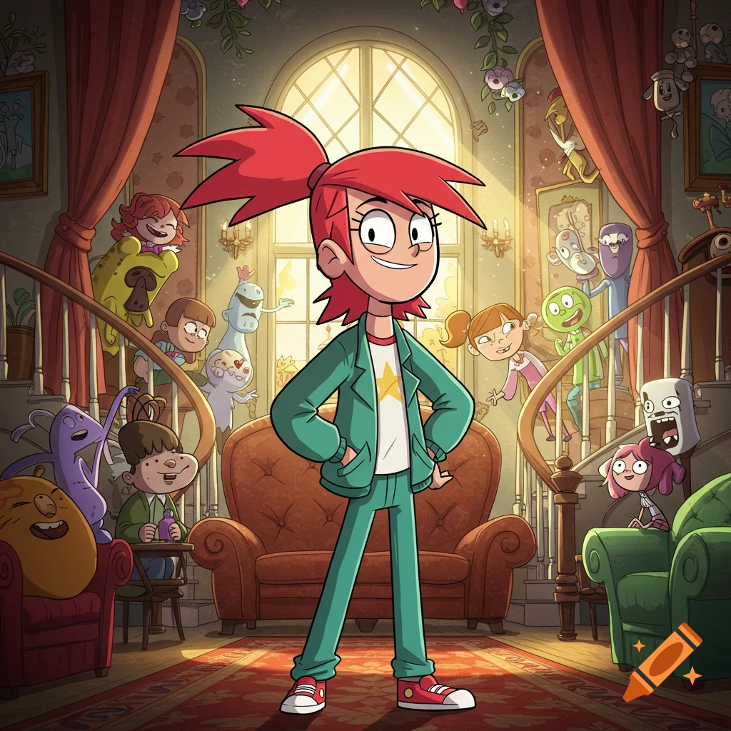 Frankie Foster from Foster's Home for Imaginary Friends stands in a grand, brightly lit mansion, surrounded by various imaginary friends.