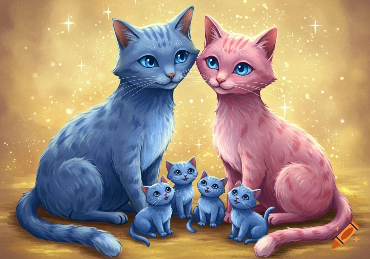 An illustration of a blue male cat and a pink female cat with bright blue eyes, sitting with four blue kittens with blue eyes, in a magical, warm, and dreamy setting with sparkling dust.