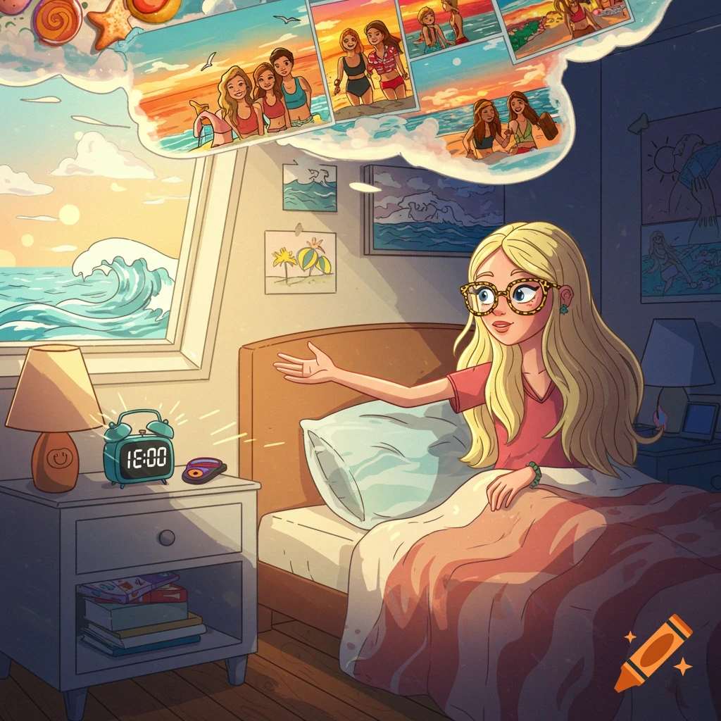 Cartoon of a blonde girl in bed, reaching for an alarm clock, dreaming of beach vacations with friends.