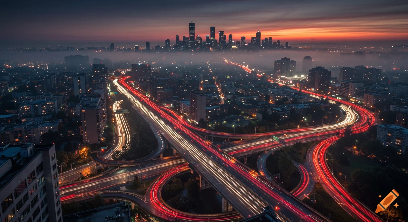 Aerial view of a city at dusk with intertwining highways showing long exposure light trails, a misty skyline, and a warm sky.