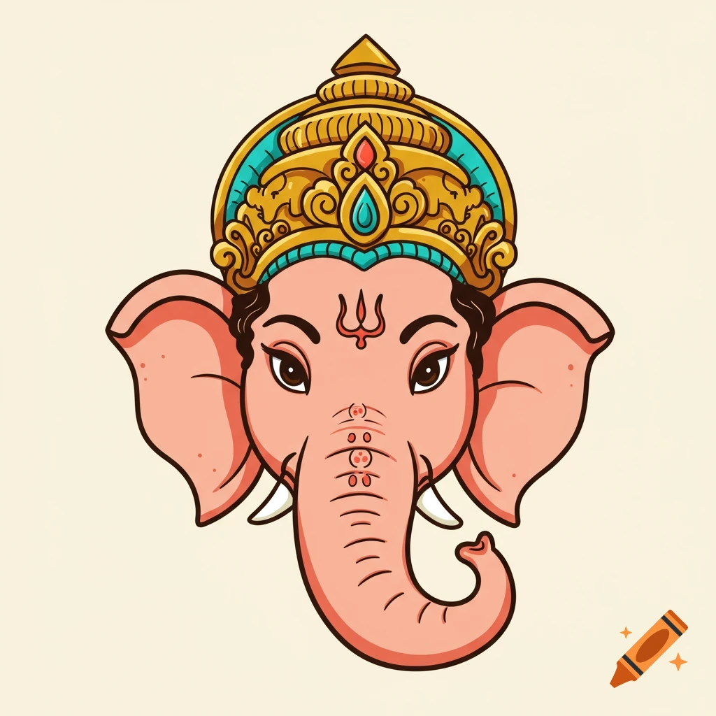 A cartoon illustration of Ganesha's head, with large ears, a trunk, and an ornate golden crown.