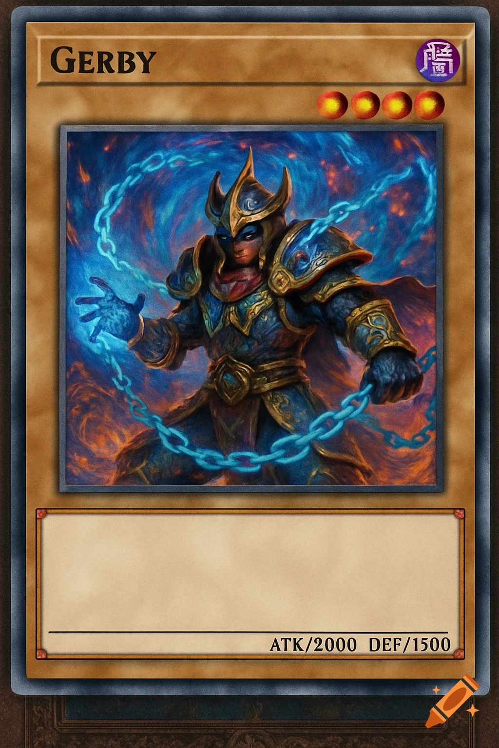 A Yu-Gi-Oh style trading card featuring a fantasy warrior in blue and gold armor, surrounded by glowing blue chains, against a fiery blue and orange background.