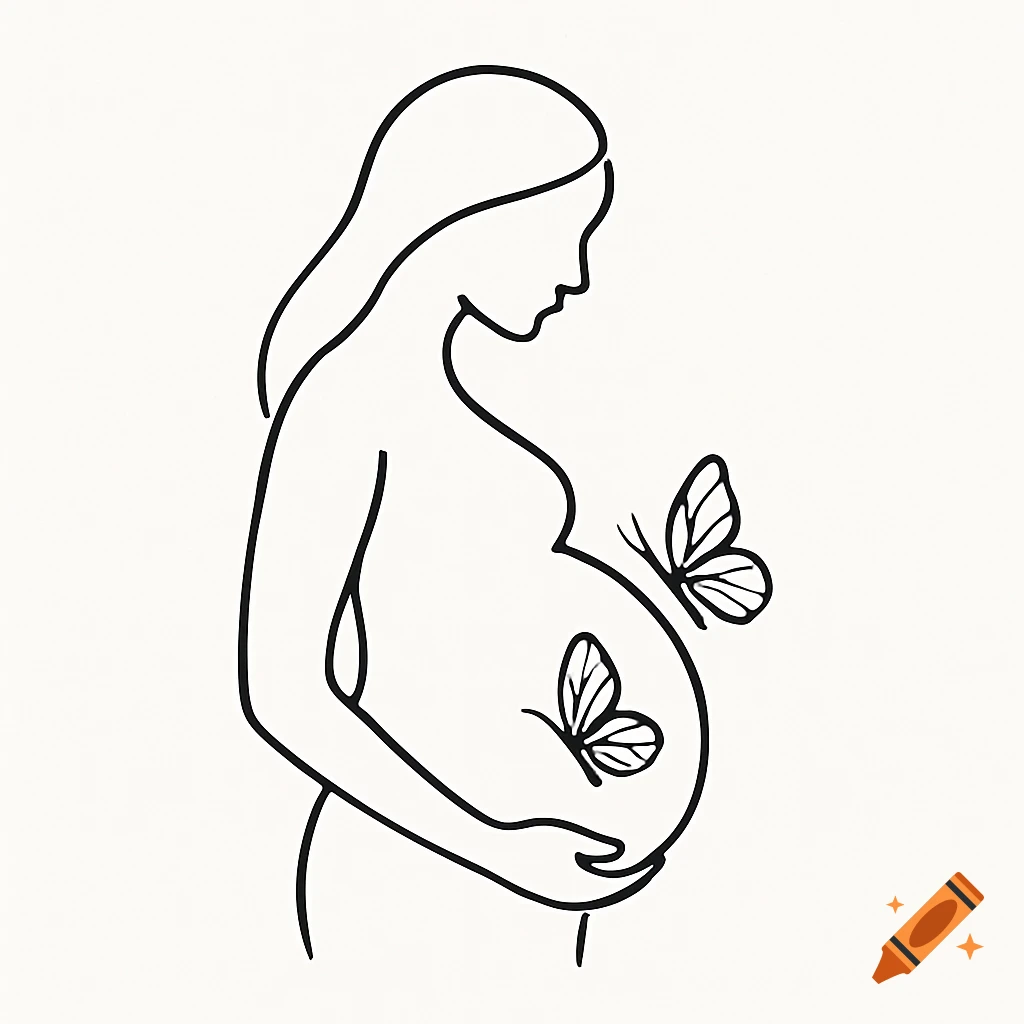 Line art illustration of a pregnant woman holding her belly with two butterflies on it.