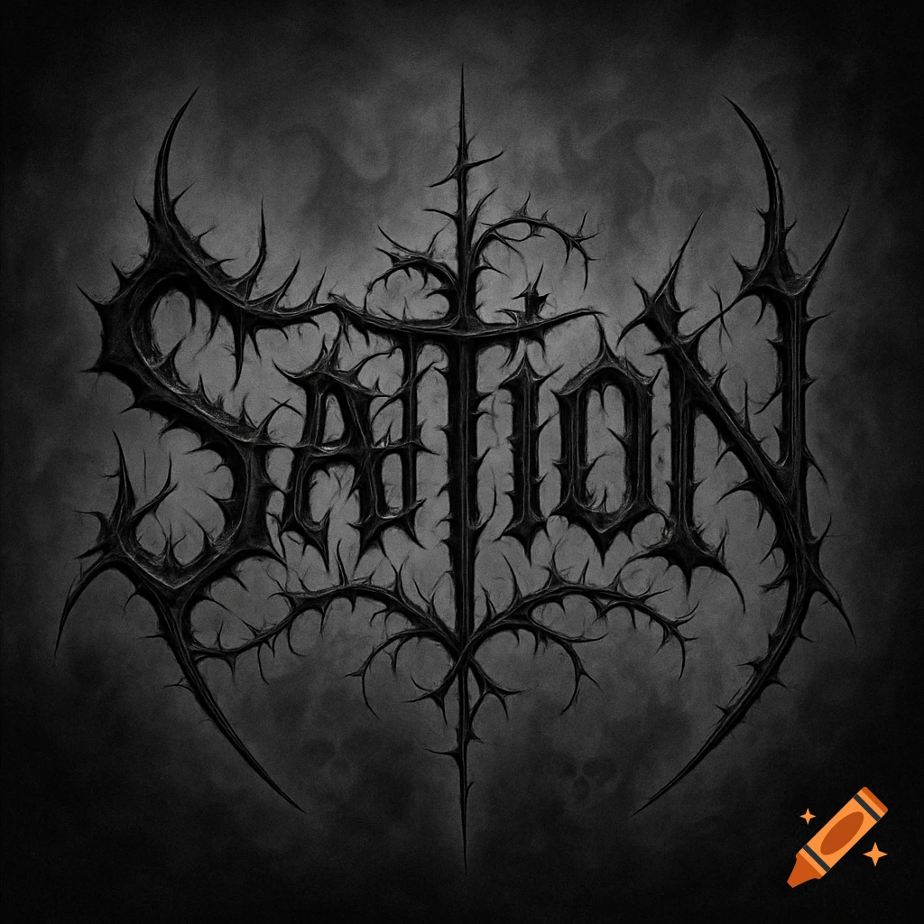 A dark, thorny, stylized black metal logo spelling 'Sation' against a smoky dark gray background.