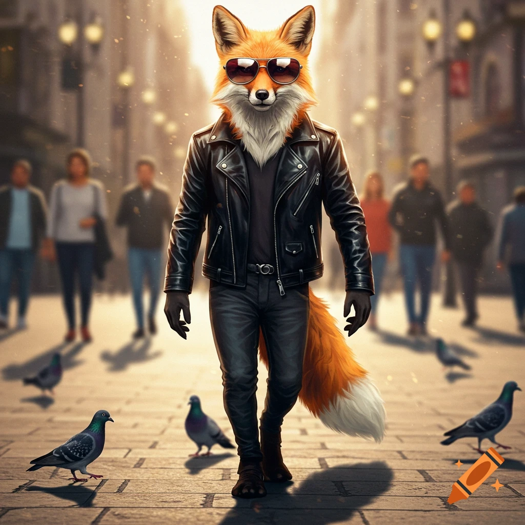 A photorealistic anthropomorphic fox in sunglasses and a black leather jacket walks on a sunlit city street with pigeons.
