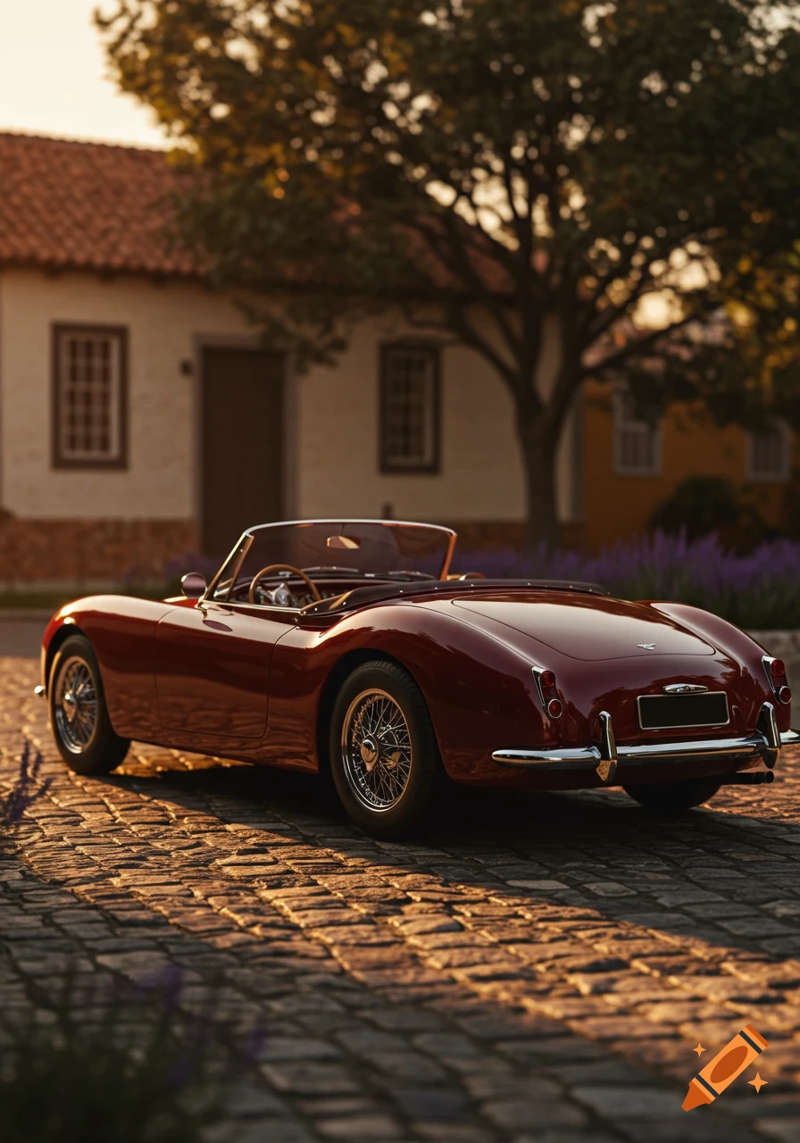 A classic red convertible car parked on a cobblestone street in front of a house at sunset, photorealistic style.