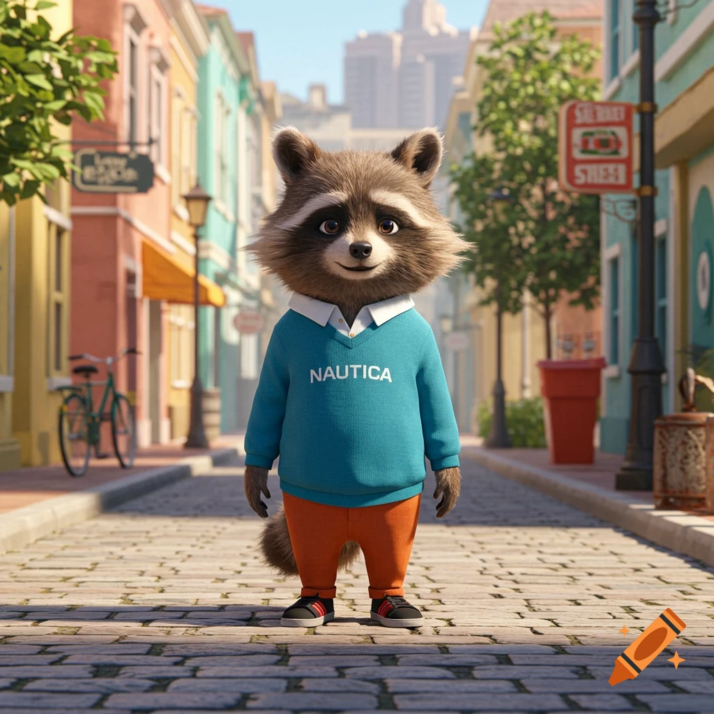A cute anthropomorphic raccoon wearing a cyan Nautica sweater, orange pants, and sneakers stands on a cobblestone street in a colorful, cartoon-style city.