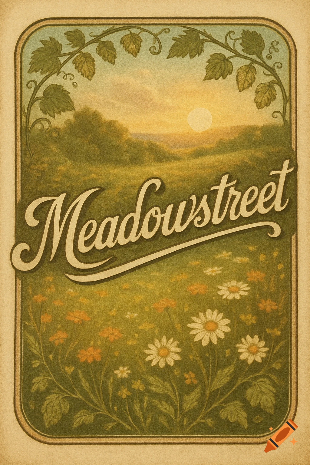 A vintage-style illustration of a sunny meadow with daisies and other wildflowers, framed by a leafy vine border. The word "Meadowstreet" is prominent in the center.