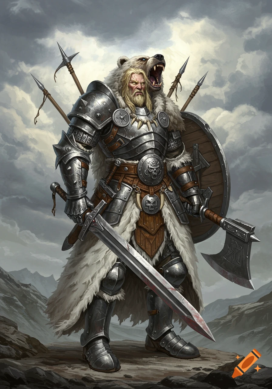 A tall, muscular blonde barbarian warrior in jagged iron armor, a bear pelt cloak, wielding a greatsword and greataxe, standing on rocky terrain.