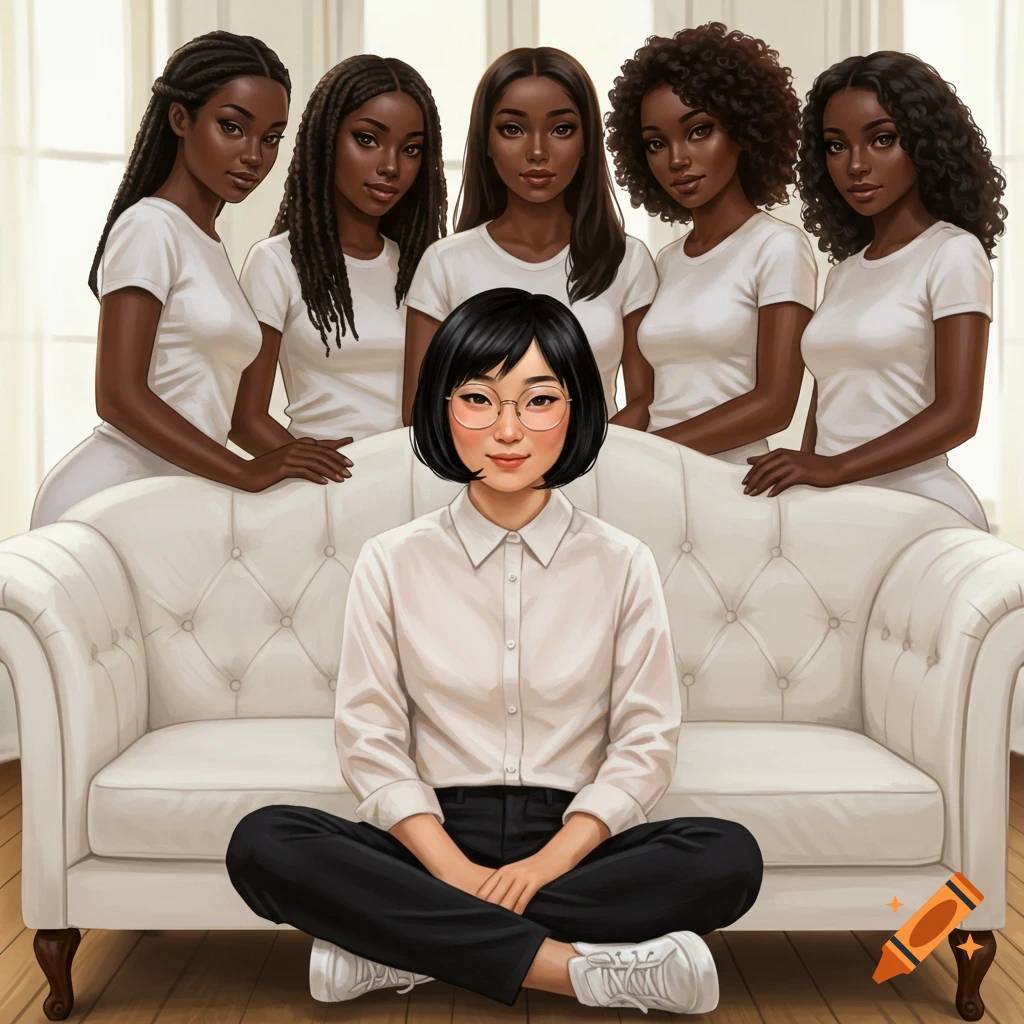A stylized illustration of an Asian woman in glasses sitting on a white couch, smiling, with five Black women in white shirts standing behind her.