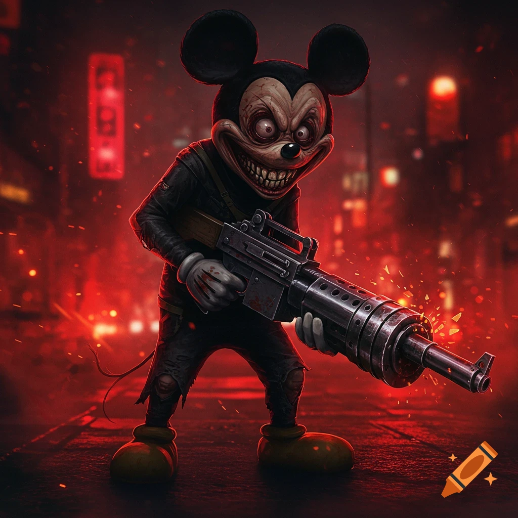 A grotesque, evil Mickey Mouse in tattered clothes holds a large machine gun on a red-lit, gritty street.