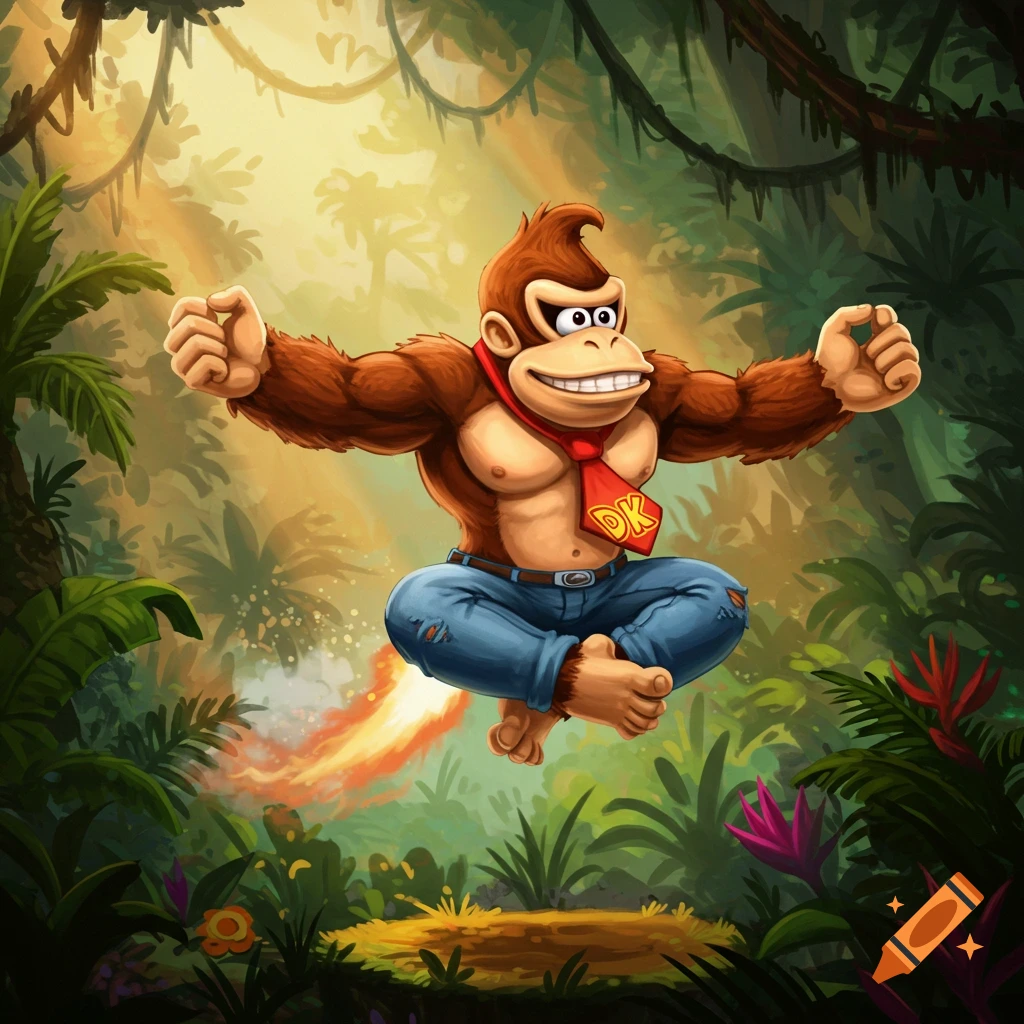 Donkey Kong in jeans and a red tie, floating in a jungle with a trail of gas behind him, crossing his legs in a meditation pose.