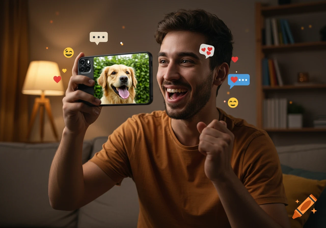 A smiling man holds a smartphone displaying a golden retriever, surrounded by social media emojis, in a warm-lit room.