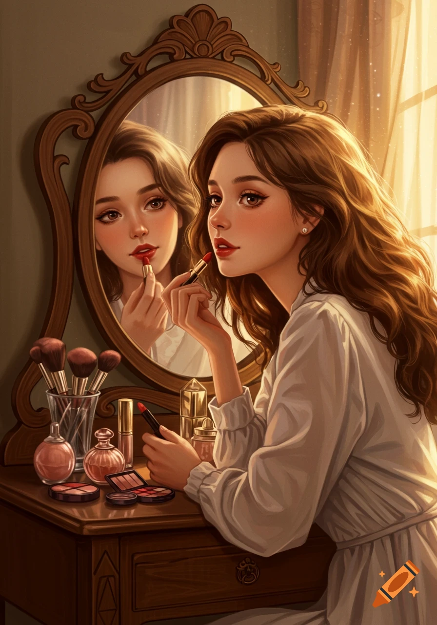 A young woman with long brown hair applies red lipstick while looking in a vanity mirror, digital art style.
