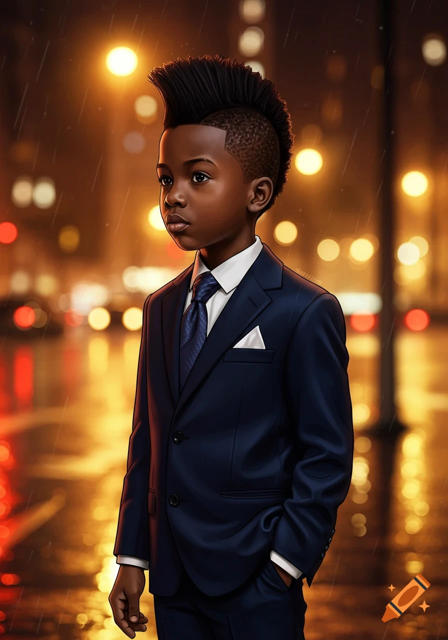 A young Black boy in a dark blue suit with a tie and a mohawk haircut stands in a rainy city at night with blurred lights.