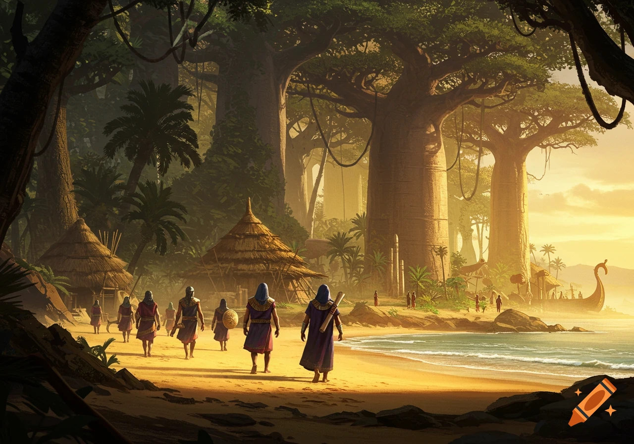 Phoenician explorers walk along a sunlit Sub-Saharan African beach towards a village with large trees. Detailed illustration.