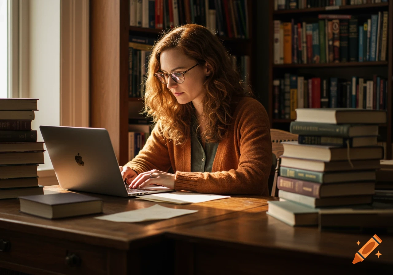 A woman with red hair wearing glasses types on a laptop at a wooden desk surrounded by stacks of books and bookshelves, bathed in warm light.