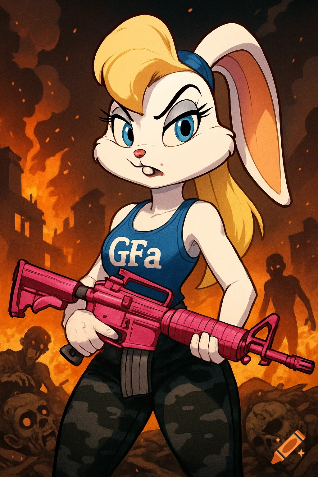 Cartoon white bunny character with blonde hair and blue eyes, wearing a blue tank top and camo pants, holds a pink assault rifle amidst a fiery zombie apocalypse.